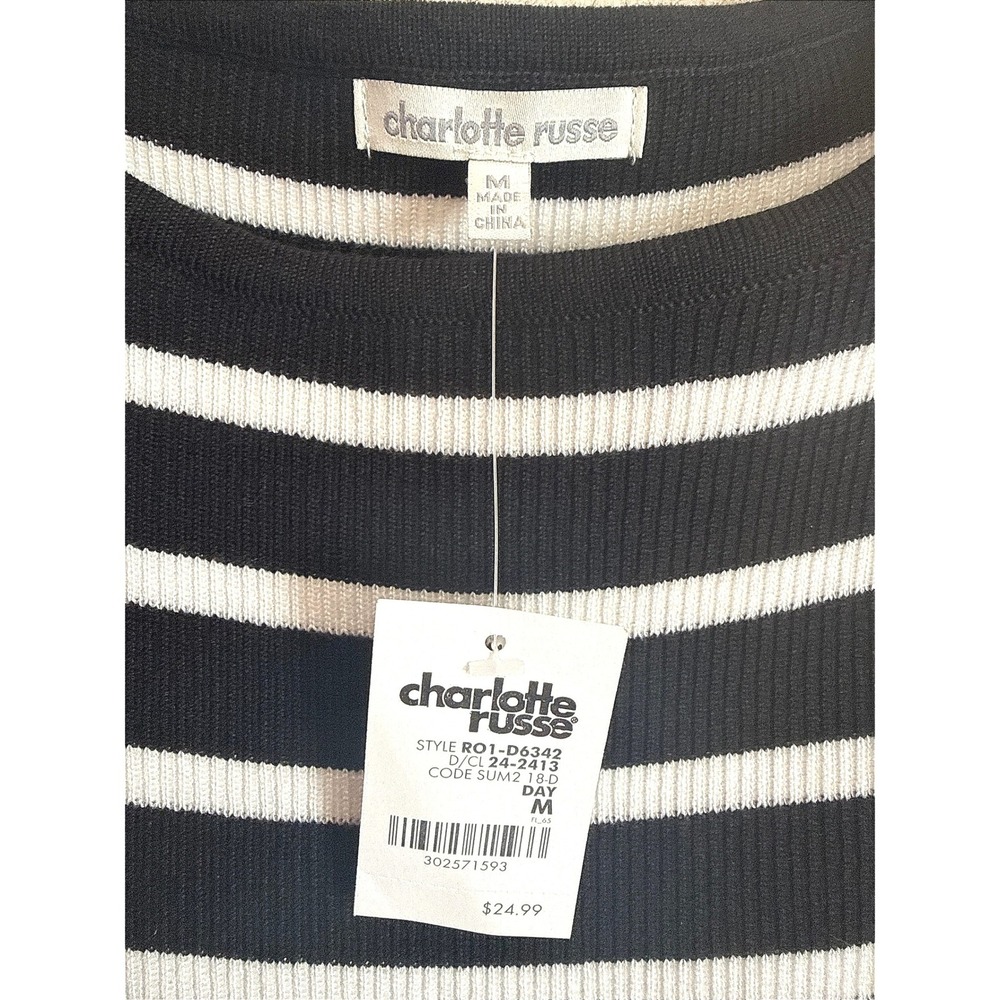 Charlotte Russe Womens Black White Striped Ribbed Bodycon Dress Medium - Picture 2 of 7